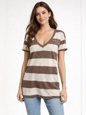 Hollister Women's Tunic Sweater Cotton/Viscose V-Neck Striped Medium